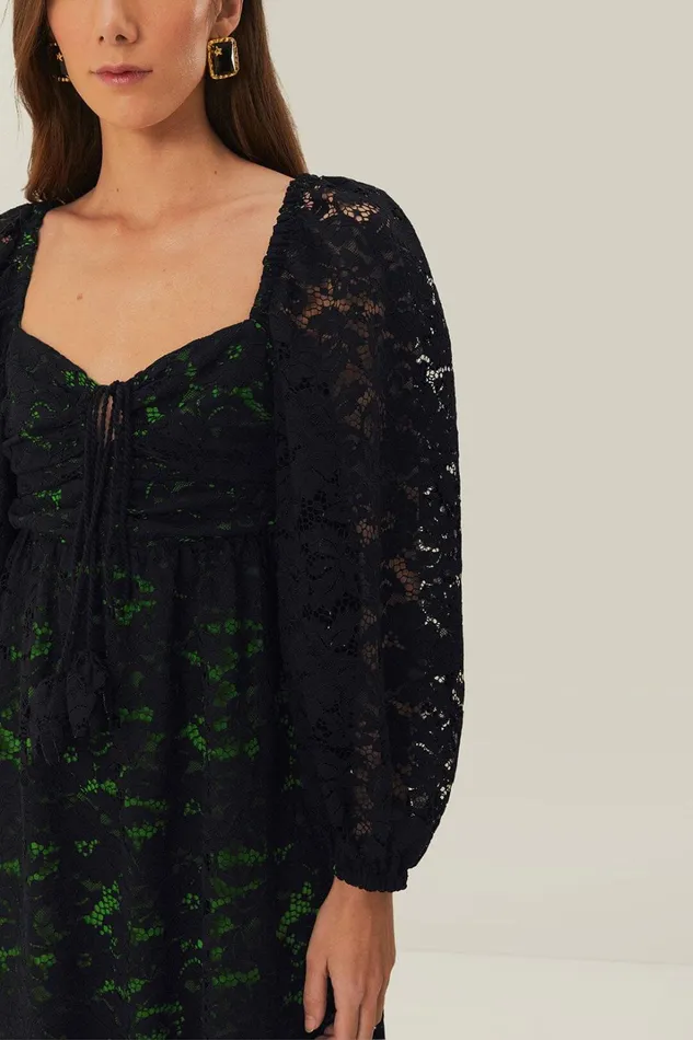 Women Midi Dresses Farm Rio Black Lace Long Sleeve Midi Dress
