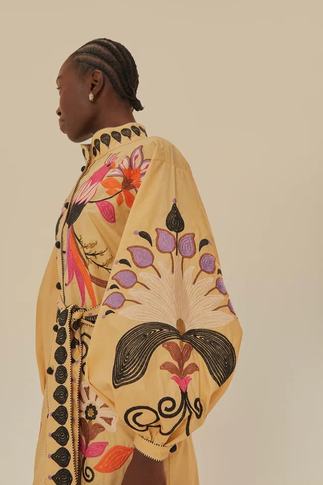 Women Midi Dresses Farm Rio Khaki Flower Bird Embroidered Midi Dress