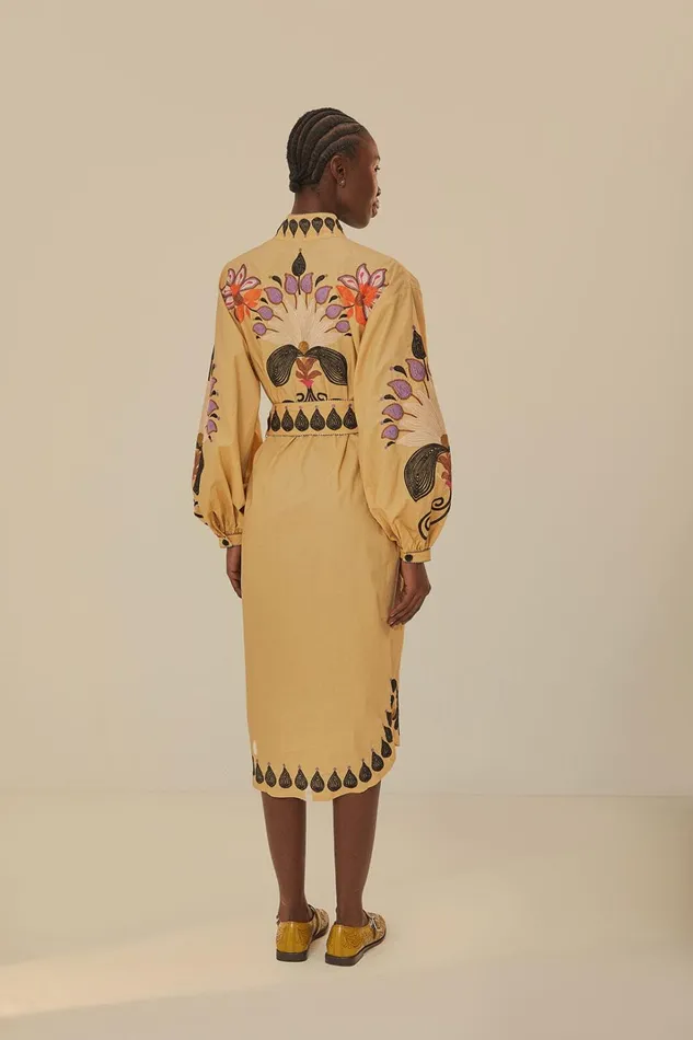 Women Midi Dresses Farm Rio Khaki Flower Bird Embroidered Midi Dress