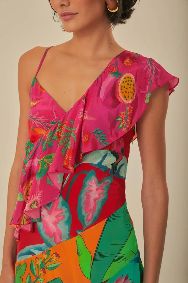 Women Midi Dresses Farm Rio Mixed Flowery Rufle One Strap Midi Dress