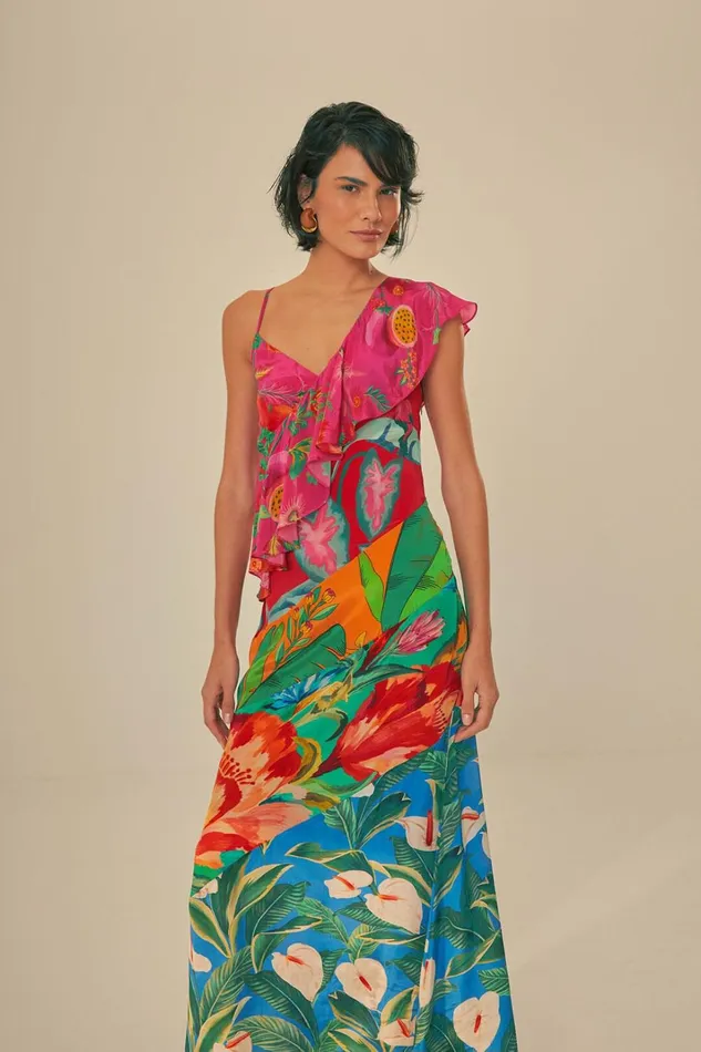 Women Midi Dresses Farm Rio Mixed Flowery Rufle One Strap Midi Dress