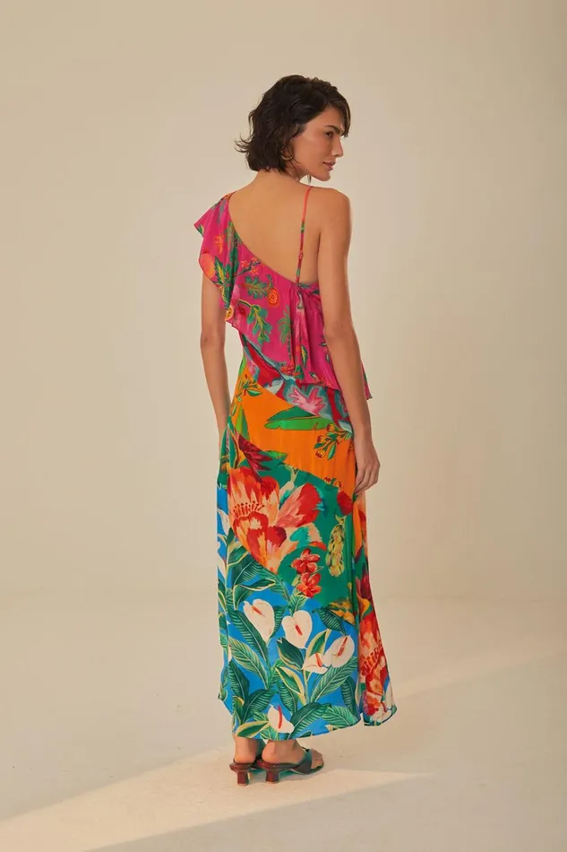 Women Midi Dresses Farm Rio Mixed Flowery Rufle One Strap Midi Dress