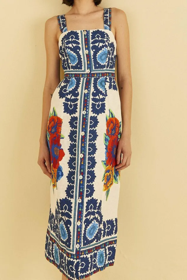 Women Midi Dresses Farm Rio OffWhite Flower Tapestry Midi Dress