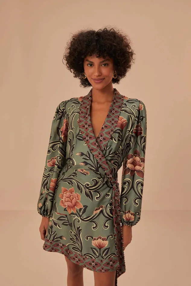 Women Mini Dresses Farm Rio Arabesque Floral Green Long Sleeve Mini Dress