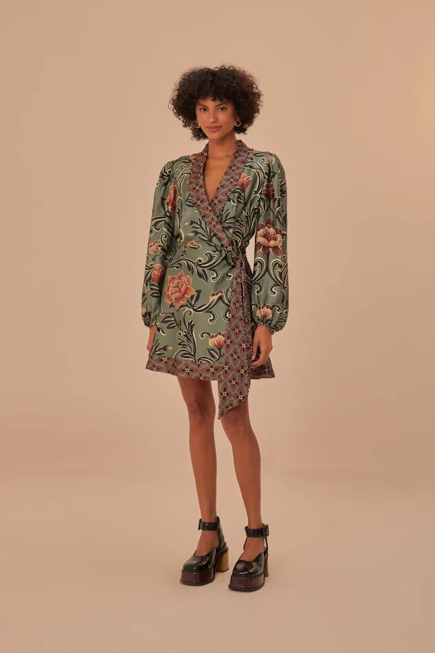 Women Mini Dresses Farm Rio Arabesque Floral Green Long Sleeve Mini Dress