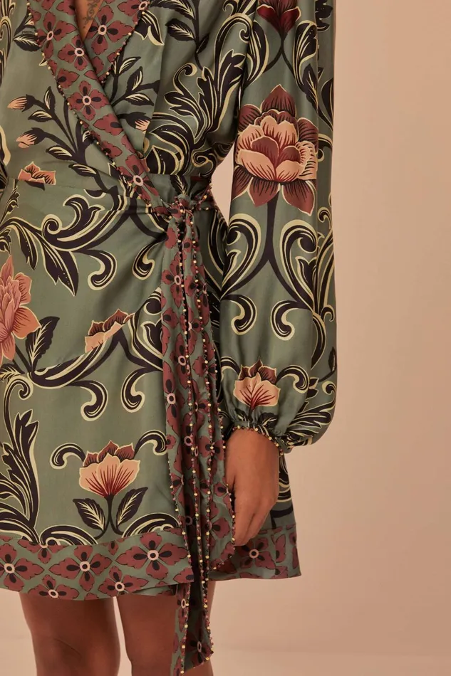 Women Mini Dresses Farm Rio Arabesque Floral Green Long Sleeve Mini Dress