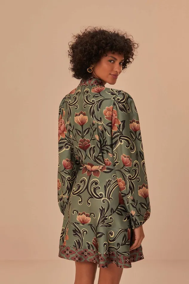 Women Mini Dresses Farm Rio Arabesque Floral Green Long Sleeve Mini Dress