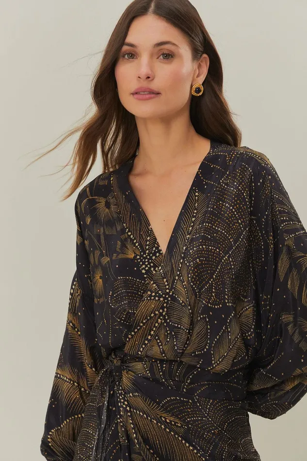 Women Mini Dresses Farm Rio Black Golden Foliage Mini Dress