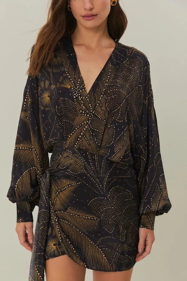 Women Mini Dresses Farm Rio Black Golden Foliage Mini Dress