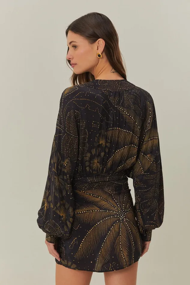 Women Mini Dresses Farm Rio Black Golden Foliage Mini Dress