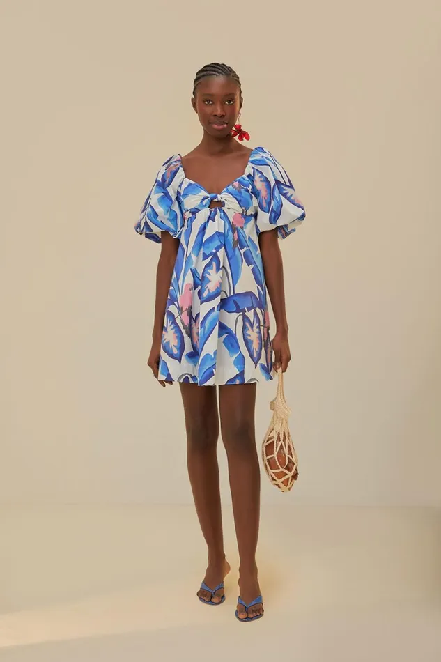 Women Mini Dresses Farm Rio OffWhite Blue Foliage Mini Dress