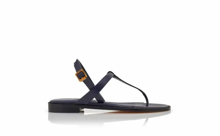 Women Navy Blue Calf Leather Flat Sandals Manolo Blahnik Flats