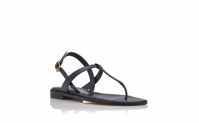 Women Navy Blue Calf Leather Flat Sandals Manolo Blahnik Flats