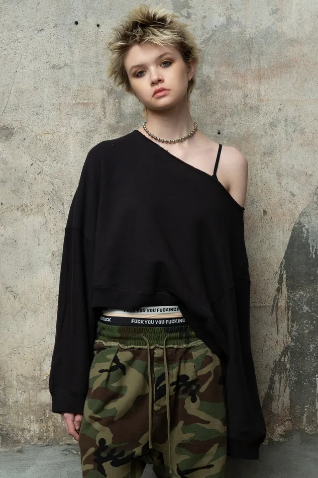 Women Off Shoulder Patti Sweatshirt 8211 Washed Black Sweatshirts R13