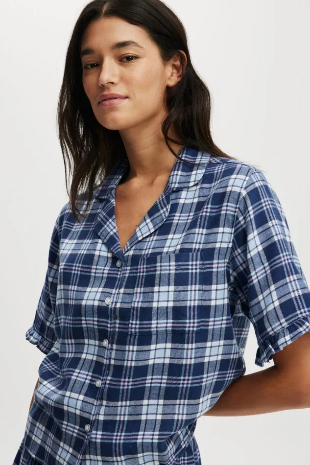 Women Pajamas Cotton On Flannel Short Sleeve Shirt And Short Sleep Set Navy Blue Check Women Pajamas Cotton On Flannel Short Sleeve Shirt And Short Sleep Set Navy Blue Check