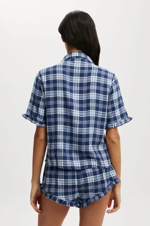 Women Pajamas Cotton On Flannel Short Sleeve Shirt And Short Sleep Set Navy Blue Check Women Pajamas Cotton On Flannel Short Sleeve Shirt And Short Sleep Set Navy Blue Check