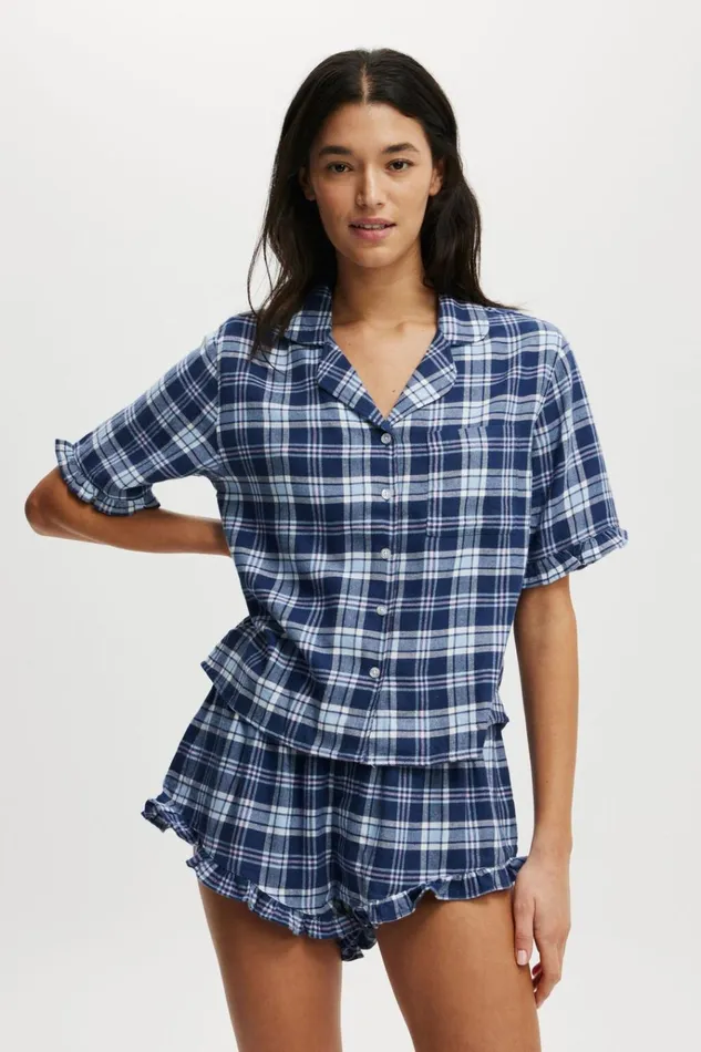 Women Pajamas Cotton On Flannel Short Sleeve Shirt And Short Sleep Set Navy Blue Check Women Pajamas Cotton On Flannel Short Sleeve Shirt And Short Sleep Set Navy Blue Check