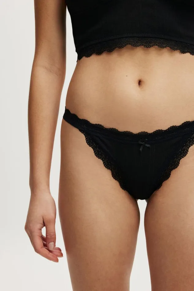 Women Panties Cotton On Organic Cotton Lace G String Brief Black Pointelle