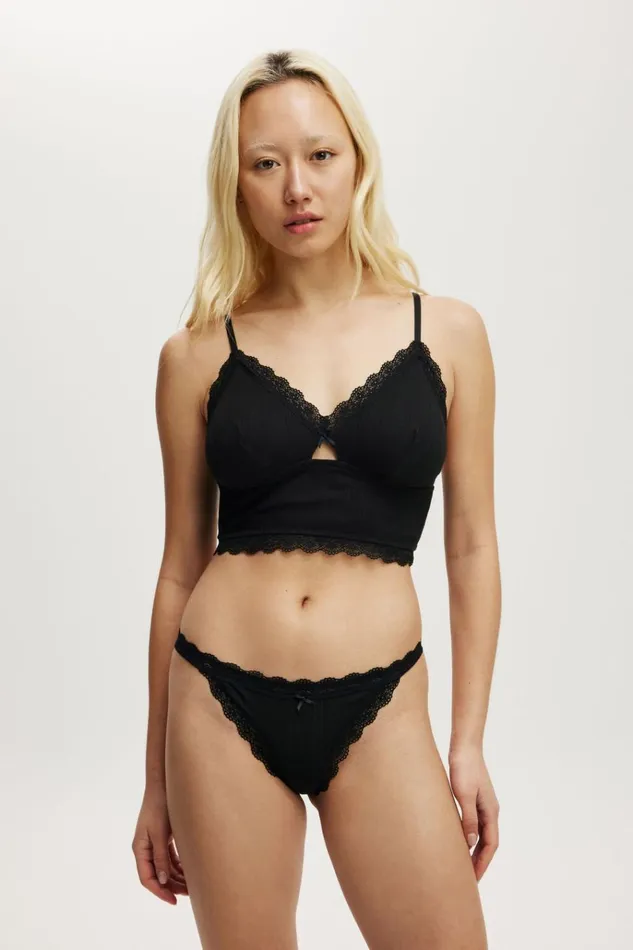 Women Panties Cotton On Organic Cotton Lace G String Brief Black Pointelle