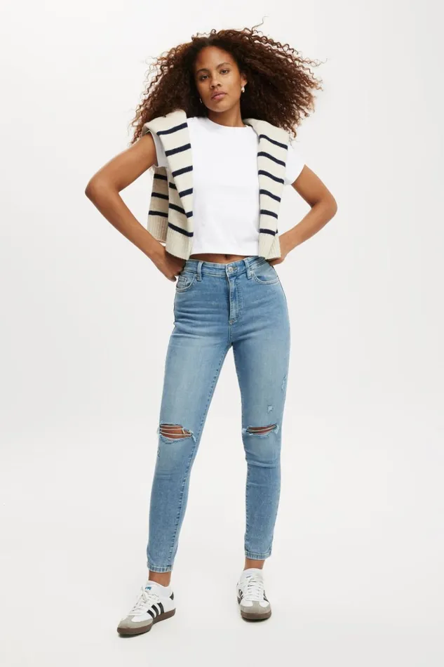 Women Pants Cotton On High Rise Skinny Jean Bells Blue Rip