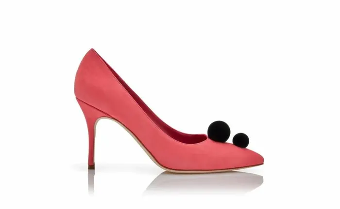 Women Pink And Black Suede Pom Pom Detail Pumps Manolo Blahnik Pumps