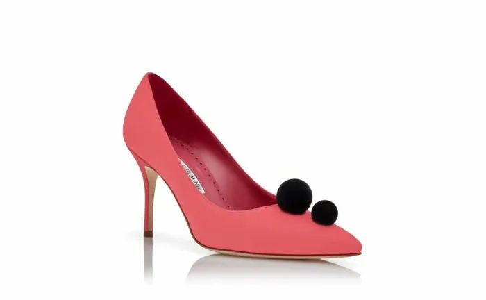 Women Pink And Black Suede Pom Pom Detail Pumps Manolo Blahnik Pumps