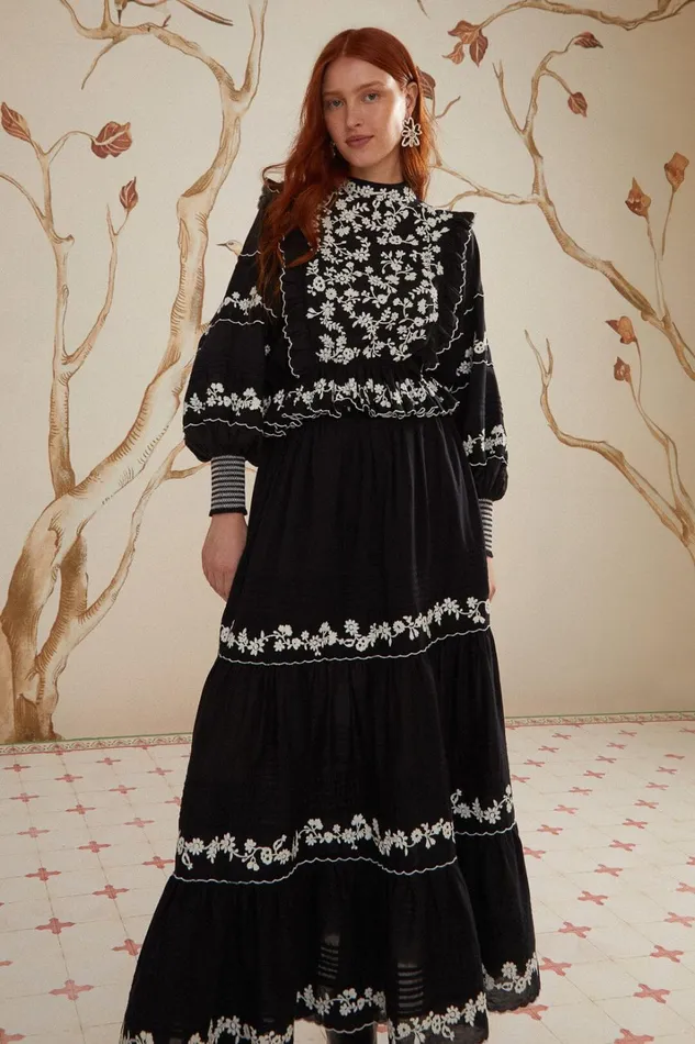 Women Skirts Farm Rio Black Embroidered Ruffle Maxi Skirt