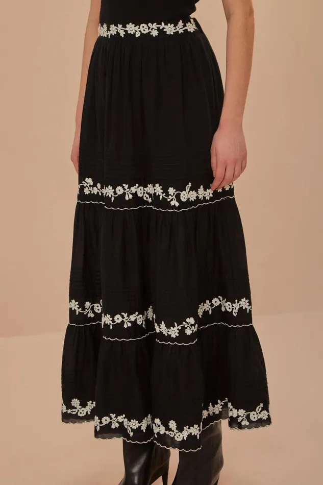 Women Skirts Farm Rio Black Embroidered Ruffle Maxi Skirt