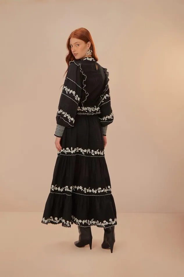 Women Skirts Farm Rio Black Embroidered Ruffle Maxi Skirt