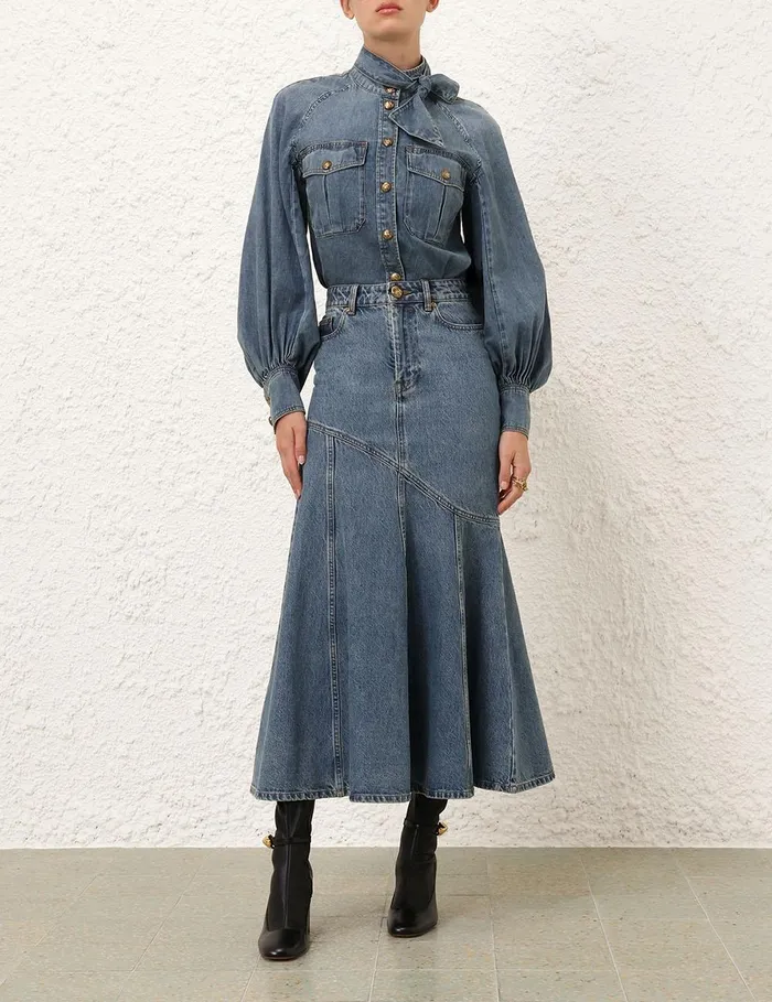 Women Skirts Zimmermann Illustration Denim Midi Skirt Neptune