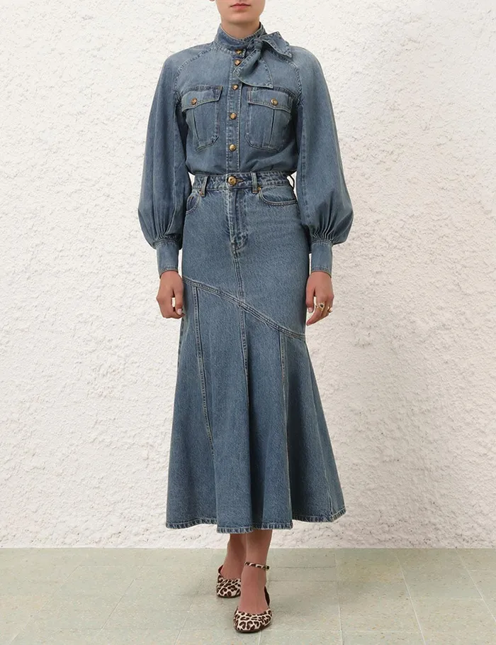 Women Skirts Zimmermann Illustration Denim Midi Skirt Neptune