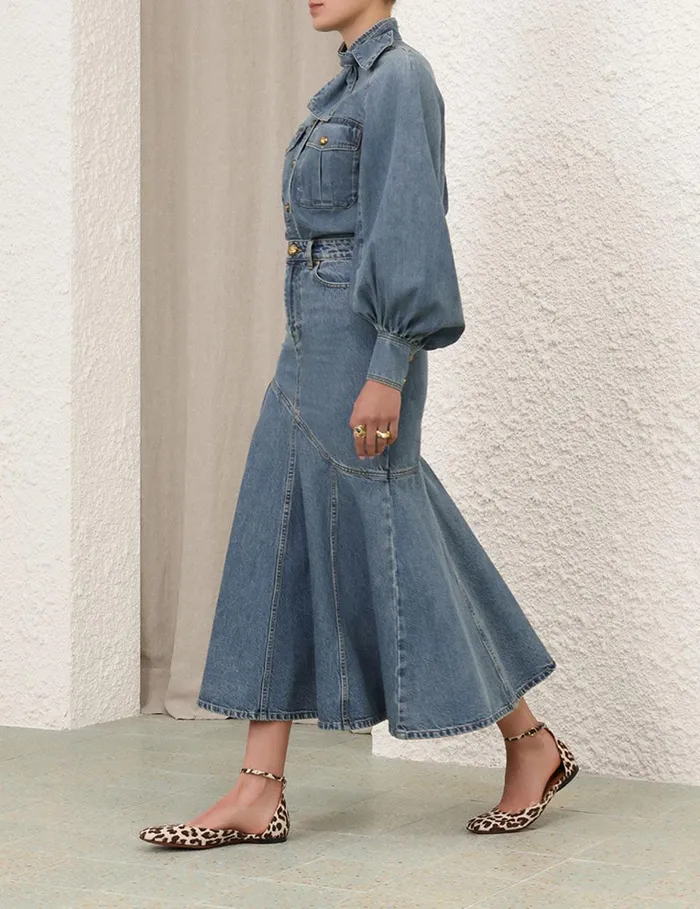 Women Skirts Zimmermann Illustration Denim Midi Skirt Neptune
