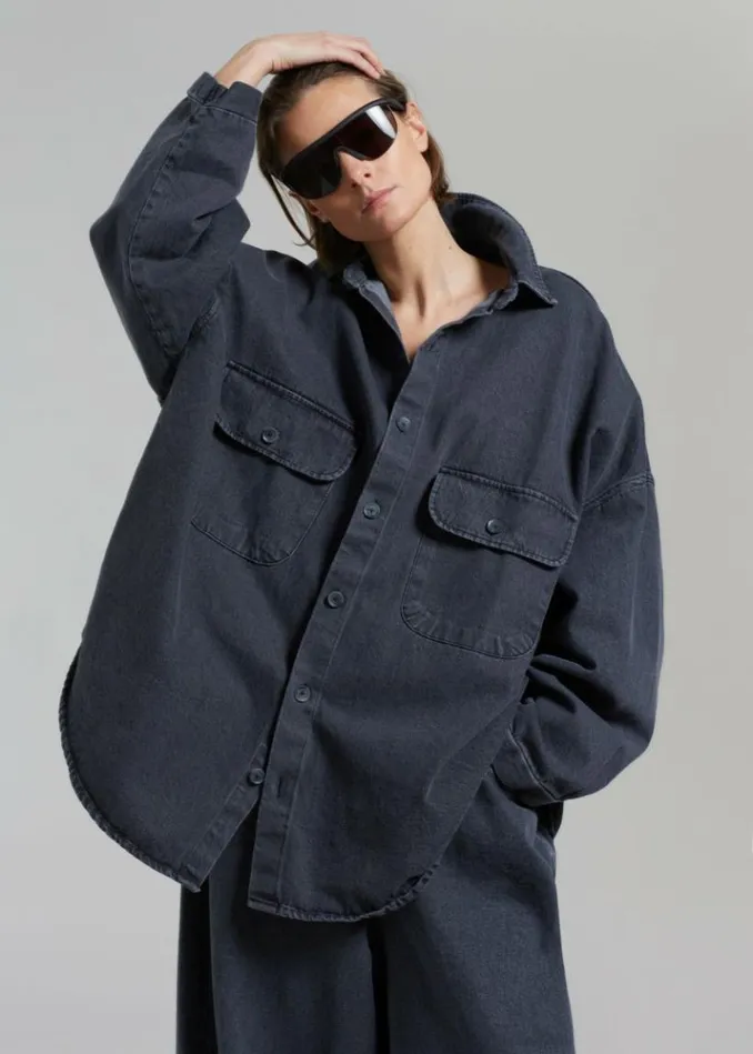 Women The Frankie Shop Dallas Denim Overshirt 8211 Dark Grey Dark Grey