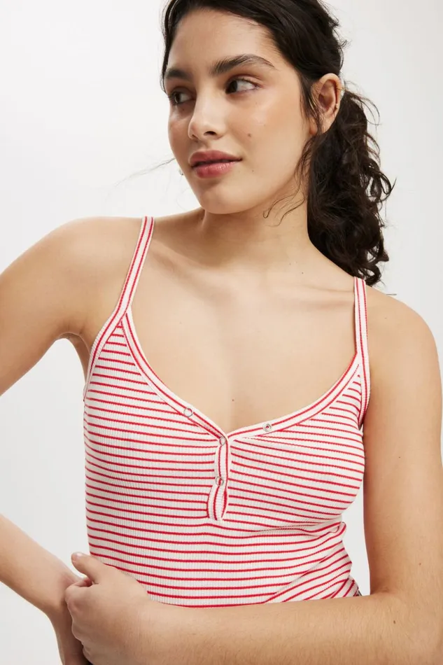 Women Tops Cotton On Brooklyn Henley Cami Crisp Stripe Natural Whiteracer Red