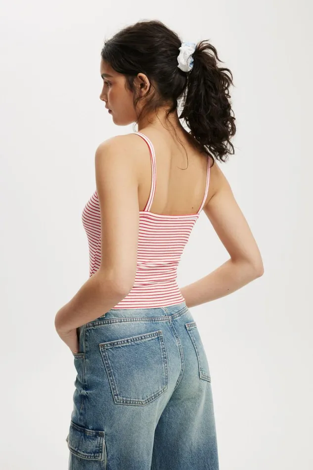 Women Tops Cotton On Brooklyn Henley Cami Crisp Stripe Natural Whiteracer Red
