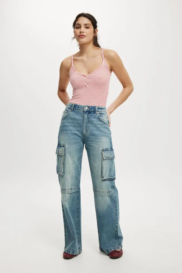 Women Tops Cotton On Brooklyn Henley Cami Crisp Stripe Natural Whiteracer Red