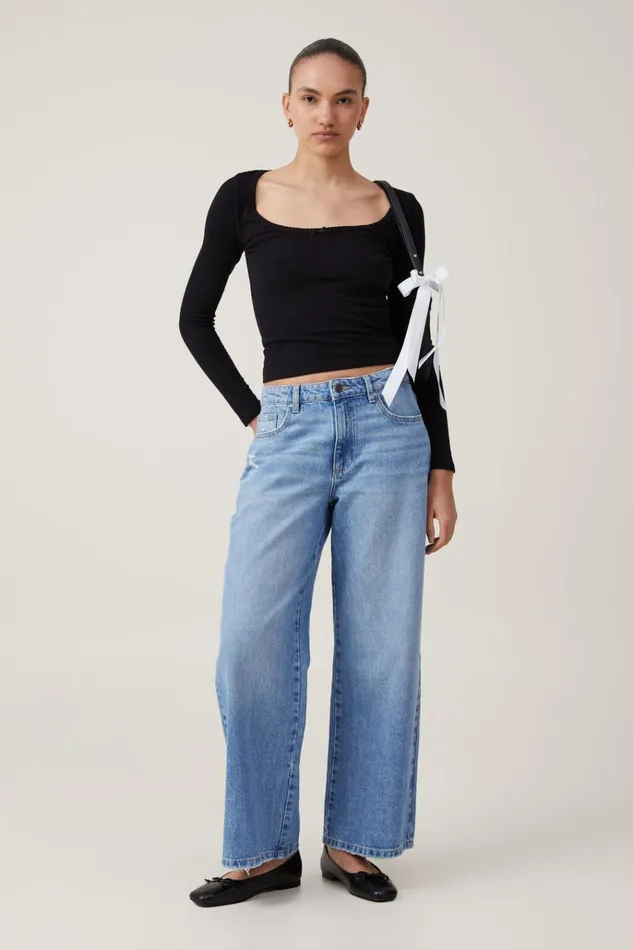 Women Tops Cotton On Heidi Picot Trim Long Sleeve Top Black