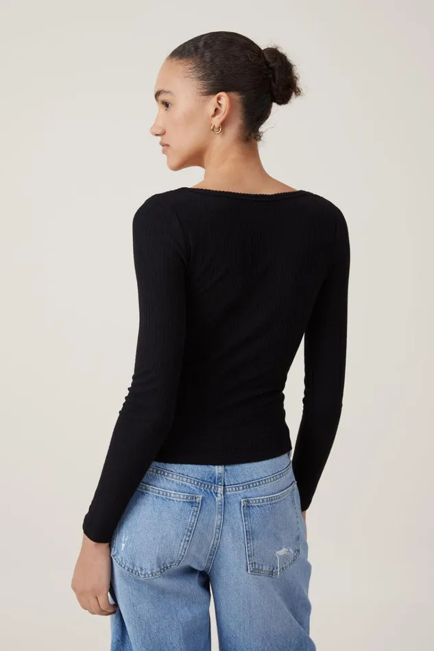 Women Tops Cotton On Heidi Picot Trim Long Sleeve Top Black