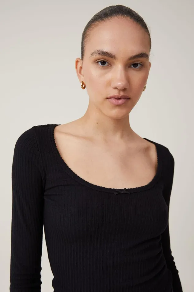 Women Tops Cotton On Heidi Picot Trim Long Sleeve Top Black