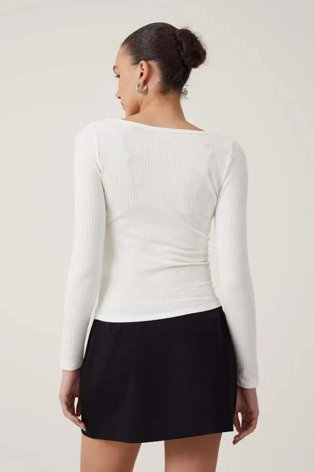 Women Tops Cotton On Heidi Picot Trim Long Sleeve Top Natural White