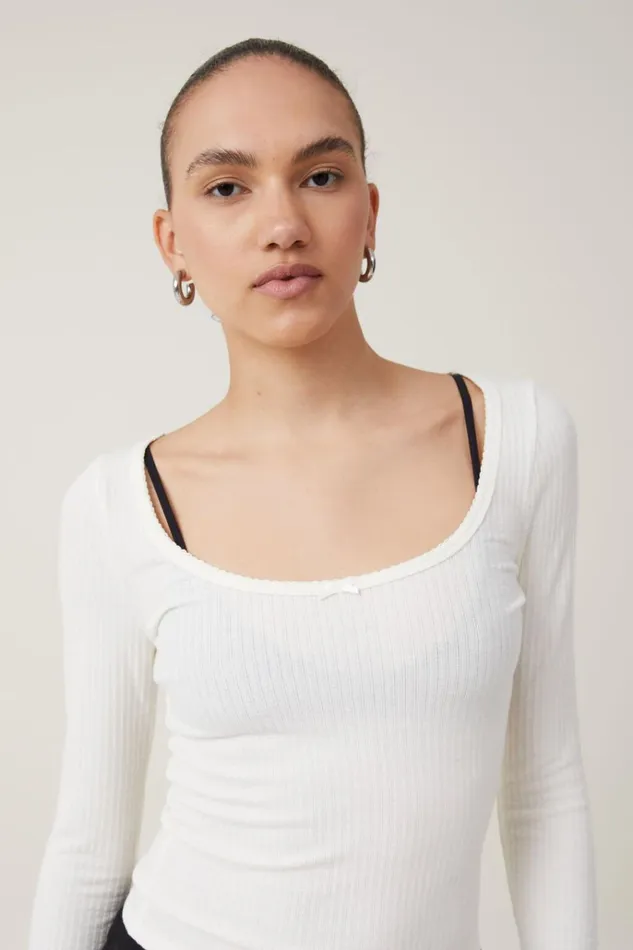 Women Tops Cotton On Heidi Picot Trim Long Sleeve Top Natural White