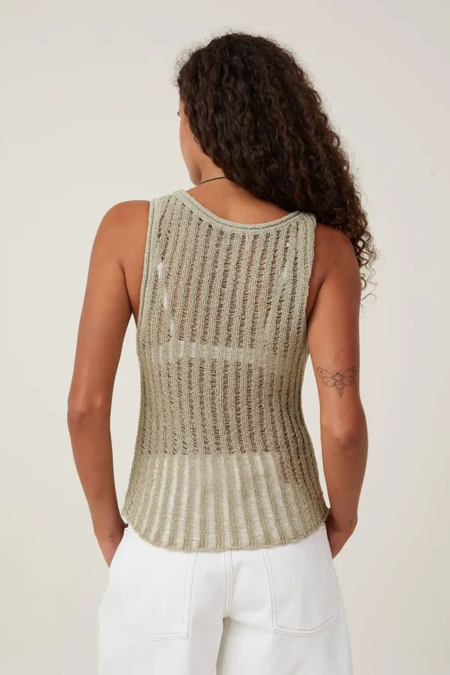 Women Tops Cotton On Ladder Knit Boatneck Tank Desert Sage