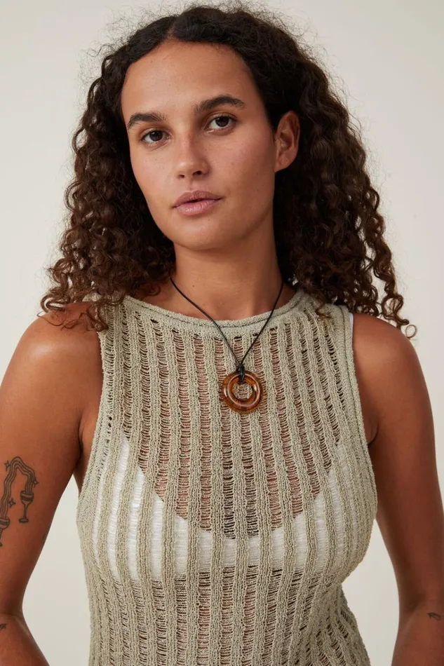 Women Tops Cotton On Ladder Knit Boatneck Tank Desert Sage