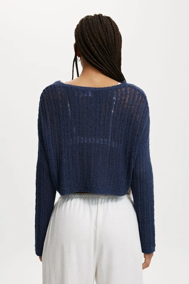 Women Tops Cotton On Ladder Knit Crop Pullover Winter Night