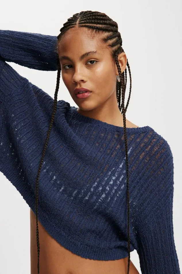 Women Tops Cotton On Ladder Knit Crop Pullover Winter Night