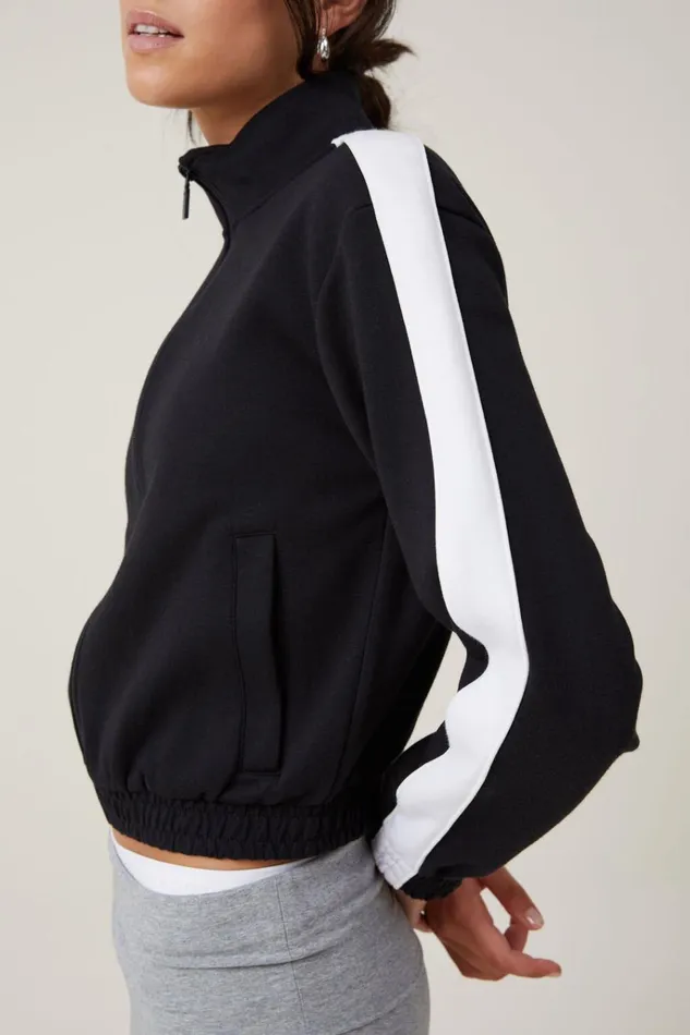 Women Tops Cotton On Retro Sporty Cropped Zip Through Black