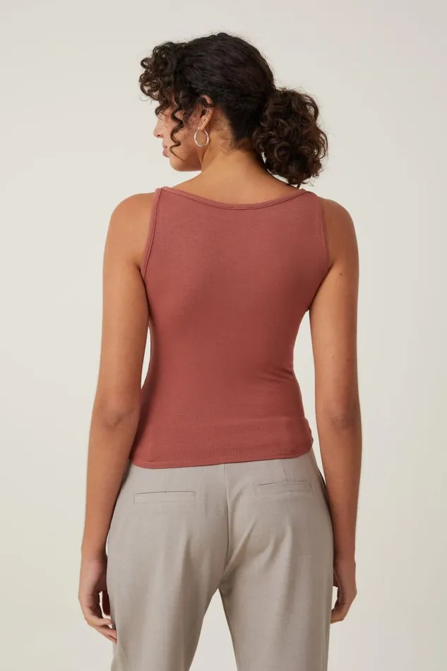 Women Tops Cotton On Staple Rib Boat Neck Tank Dark Sepia