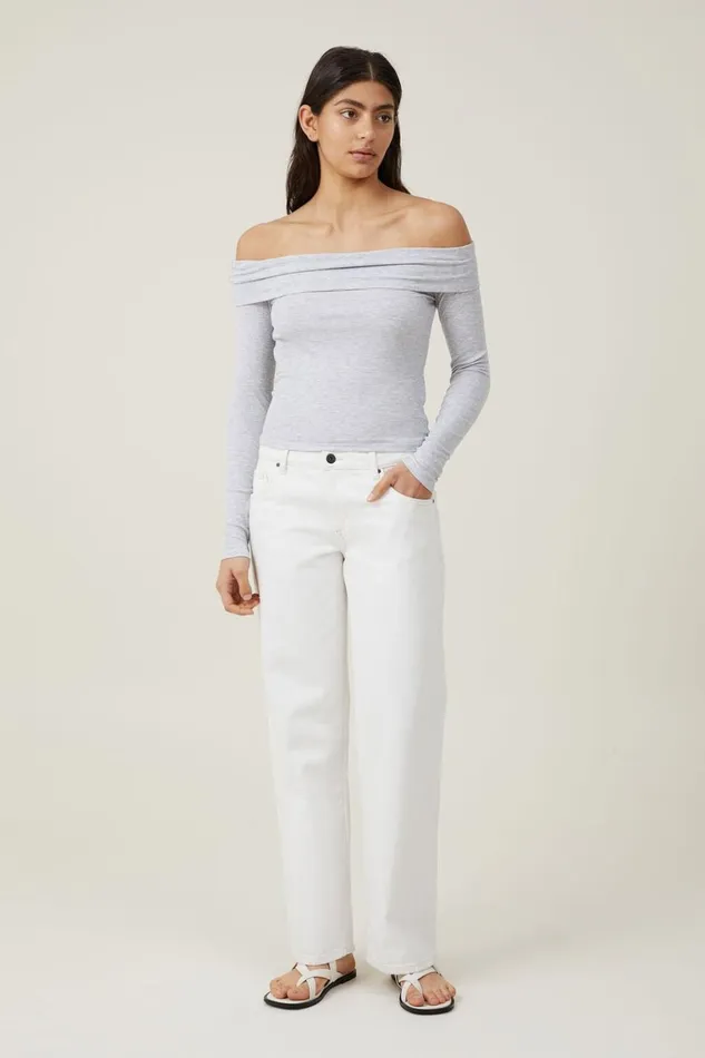 Women Tops Cotton On Staple Rib Off Shoulder Long Sleeve Top Grey Marle