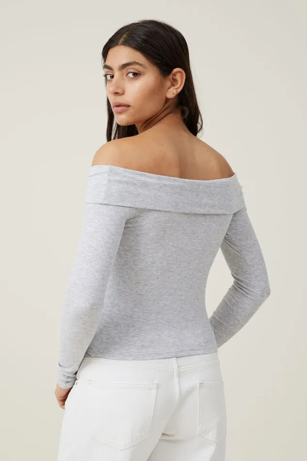 Women Tops Cotton On Staple Rib Off Shoulder Long Sleeve Top Grey Marle