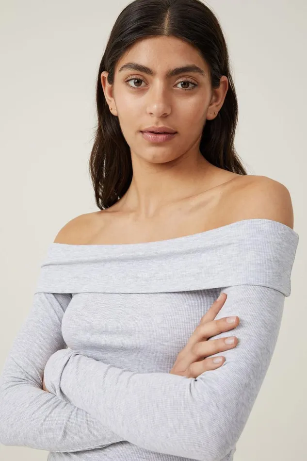 Women Tops Cotton On Staple Rib Off Shoulder Long Sleeve Top Grey Marle